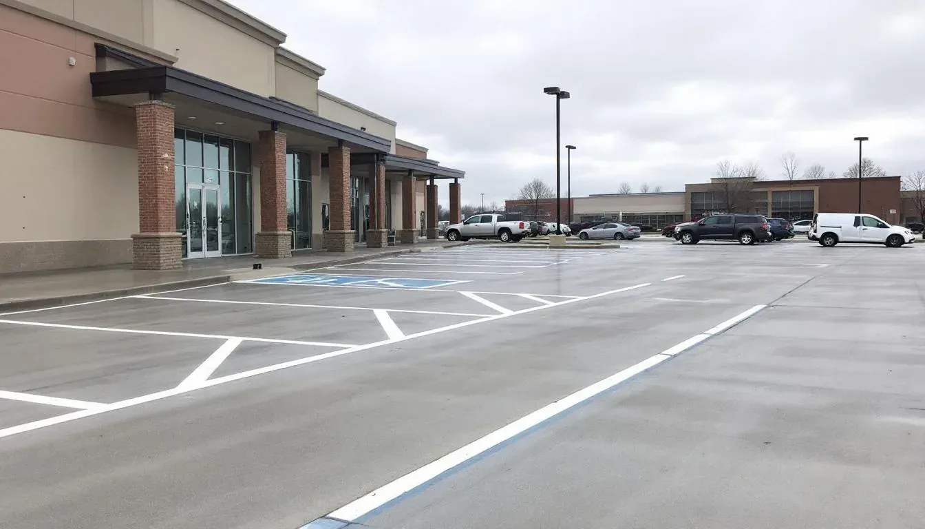 Laser-graded concrete parking lot surface with drainage slope in Prairie Village, KS