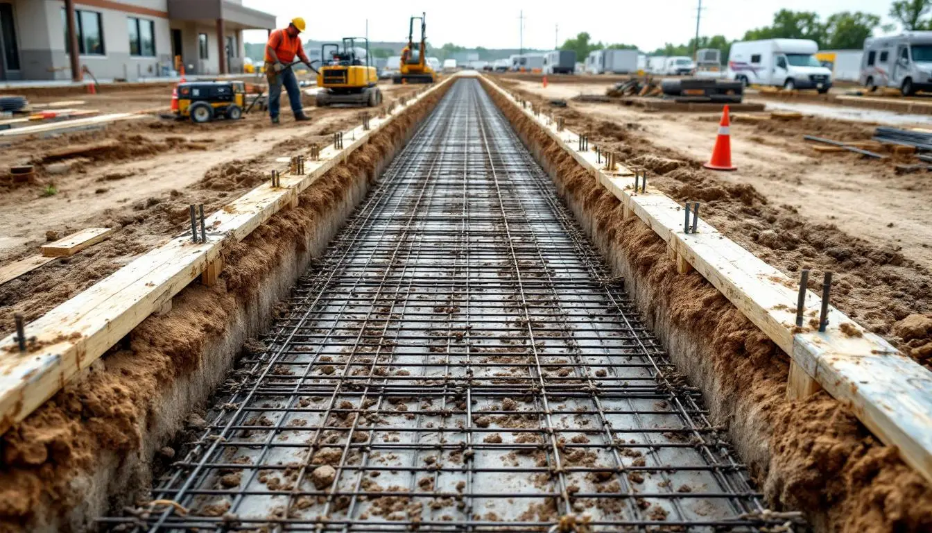 Continuous strip footing with rebar reinforcement being poured on a Kansas City commercial construction site