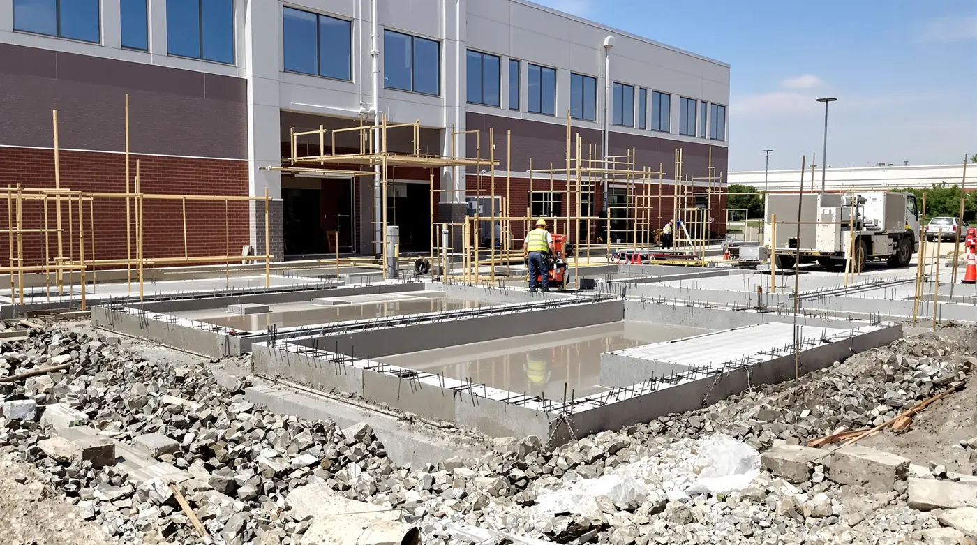 Equipment pad with anchor bolt template and rebar reinforcement ready for concrete pour in Kansas City