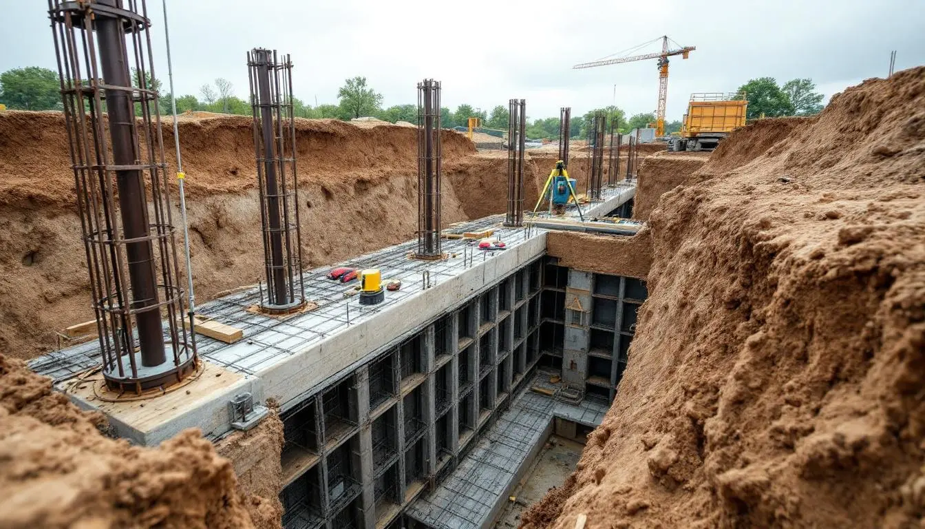 Grade beam formwork and rebar placement on a Lenexa, KS commercial foundation project