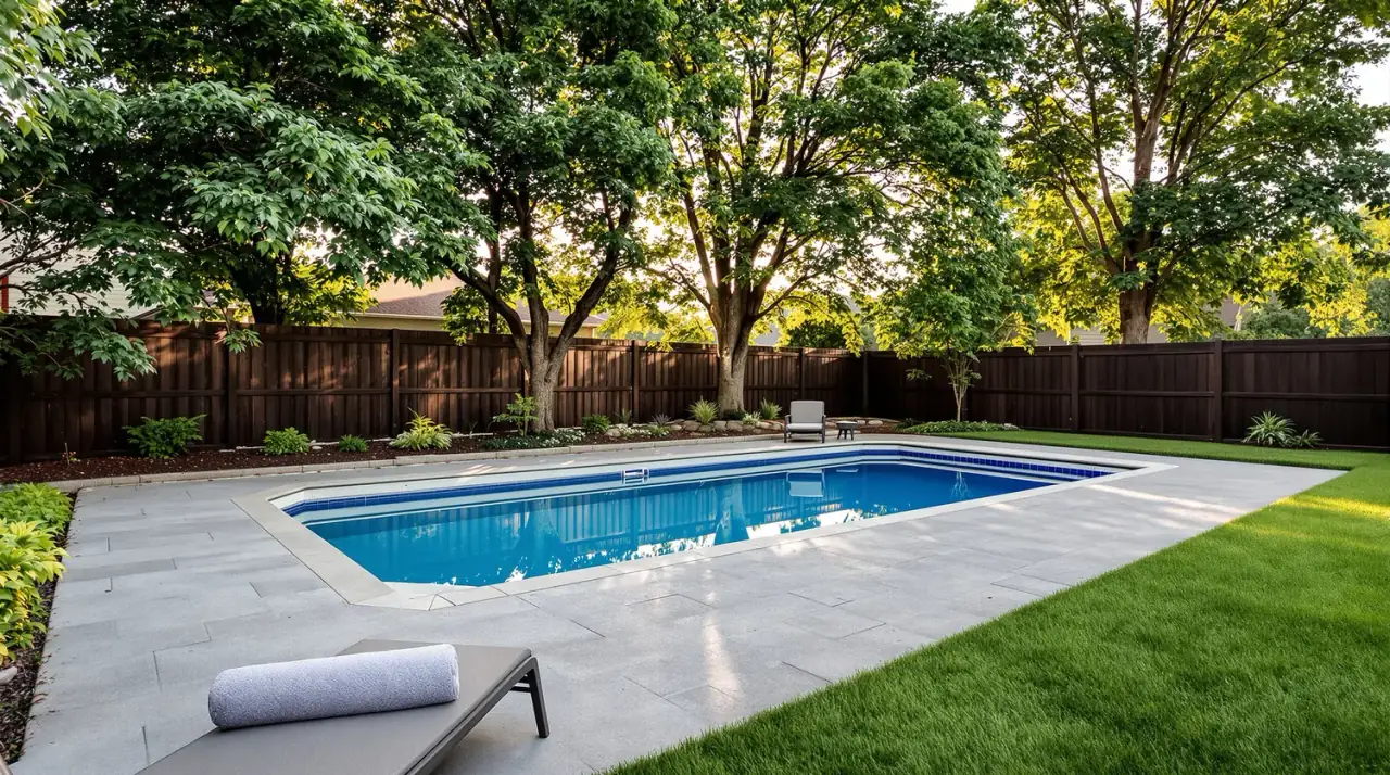 Fiberglass pool installation with concrete deck in a Kansas City backyard