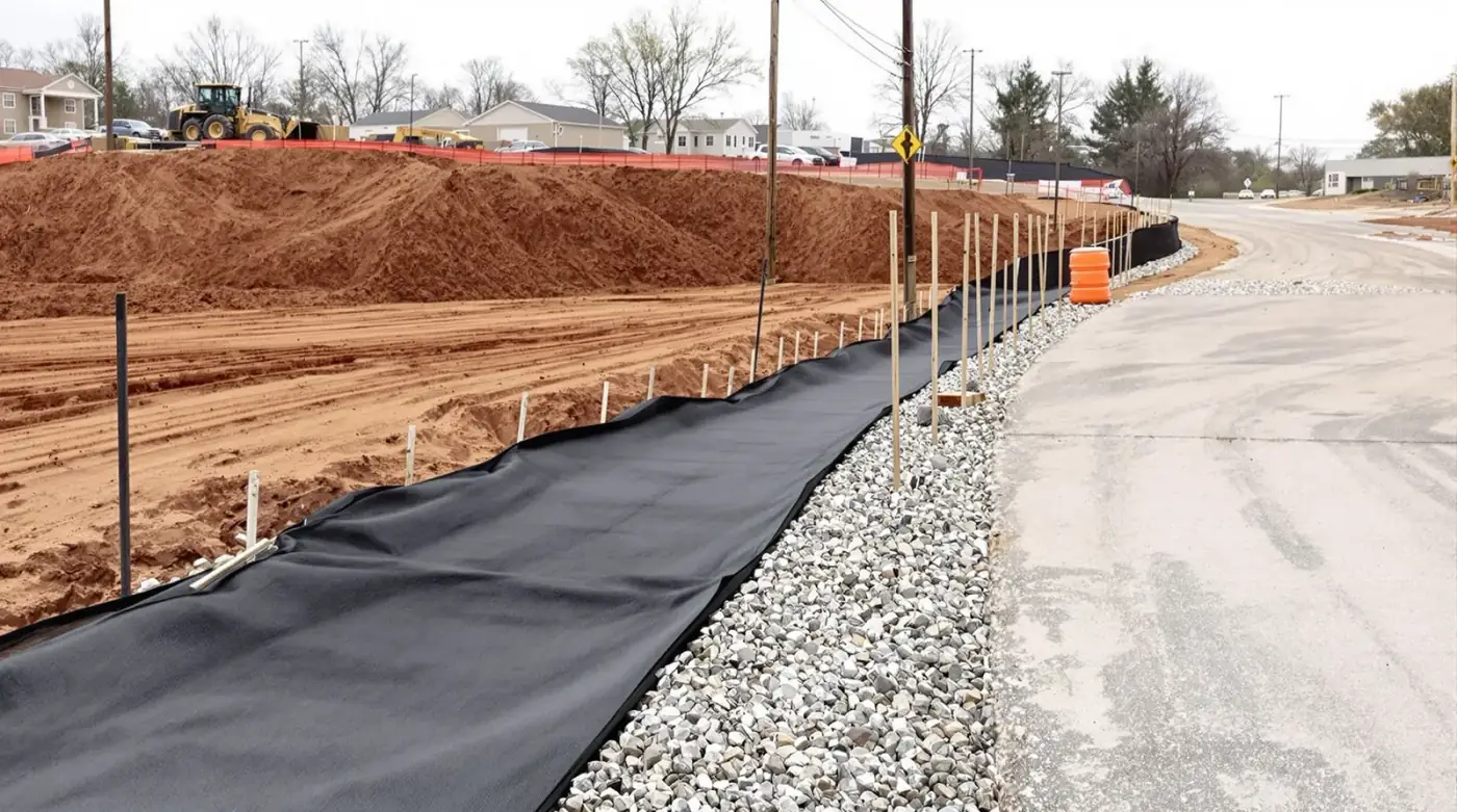 SWPPP-compliant silt fence and stone construction entrance on a Kansas City commercial site