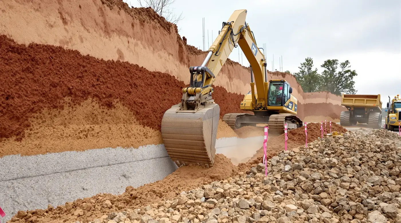 Mass excavation earthwork phase with hydraulic excavator in the Kansas City metro