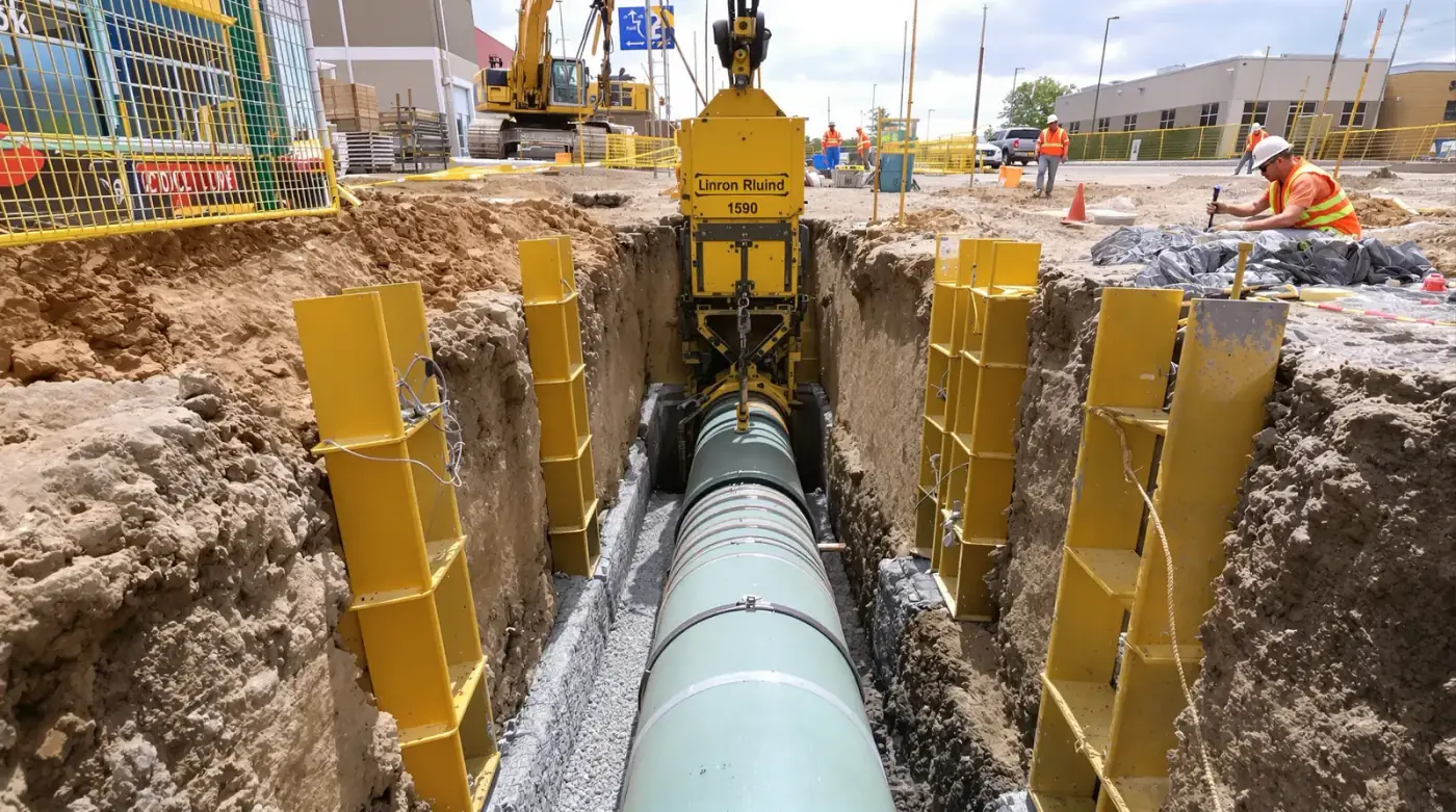 Utility trenching phase with open trench and trench box on a Kansas City project